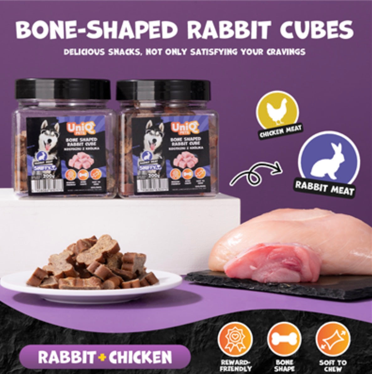 UNIQ PETS „SNIFFY“ skanėstai šunims, 200 g indelis – triušienos kubeliai kaulo formos