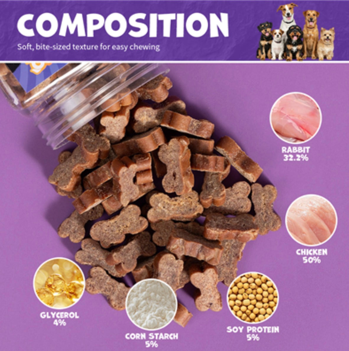 UNIQ PETS „SNIFFY“ skanėstai šunims, 200 g indelis – triušienos kubeliai kaulo formos