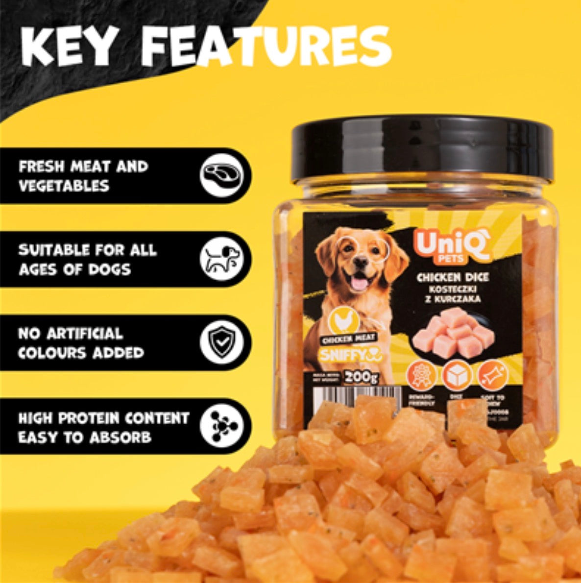 UNIQ PETS „SNIFFY“ skanėstai šunims (vištienos ir brokolių gabalėliai)