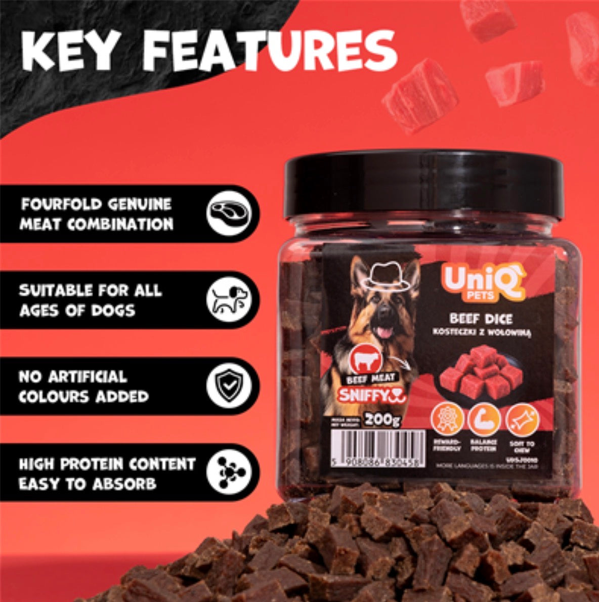 UNIQ PETS SNIFFY skanėstai šunims (jautienos gabaliukai)
