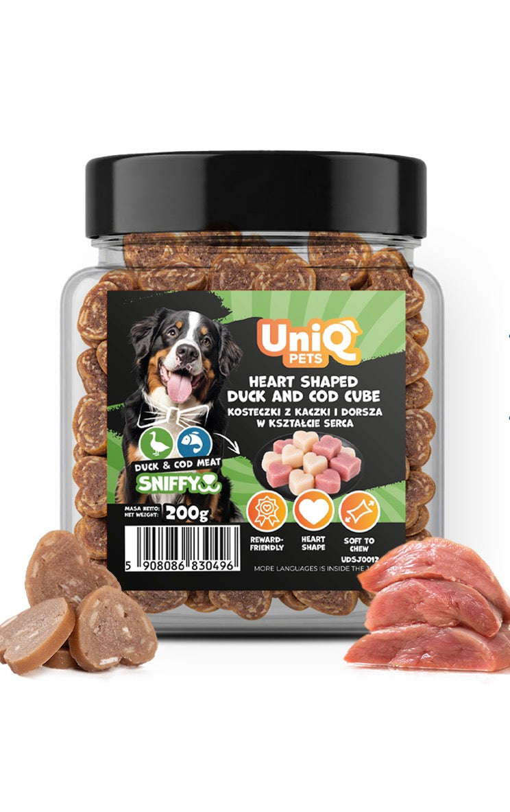 UNIQ PETS „SNIFFY“ skanėstai šunims  (širdelės formos antienos ir menkės gabalėliai)