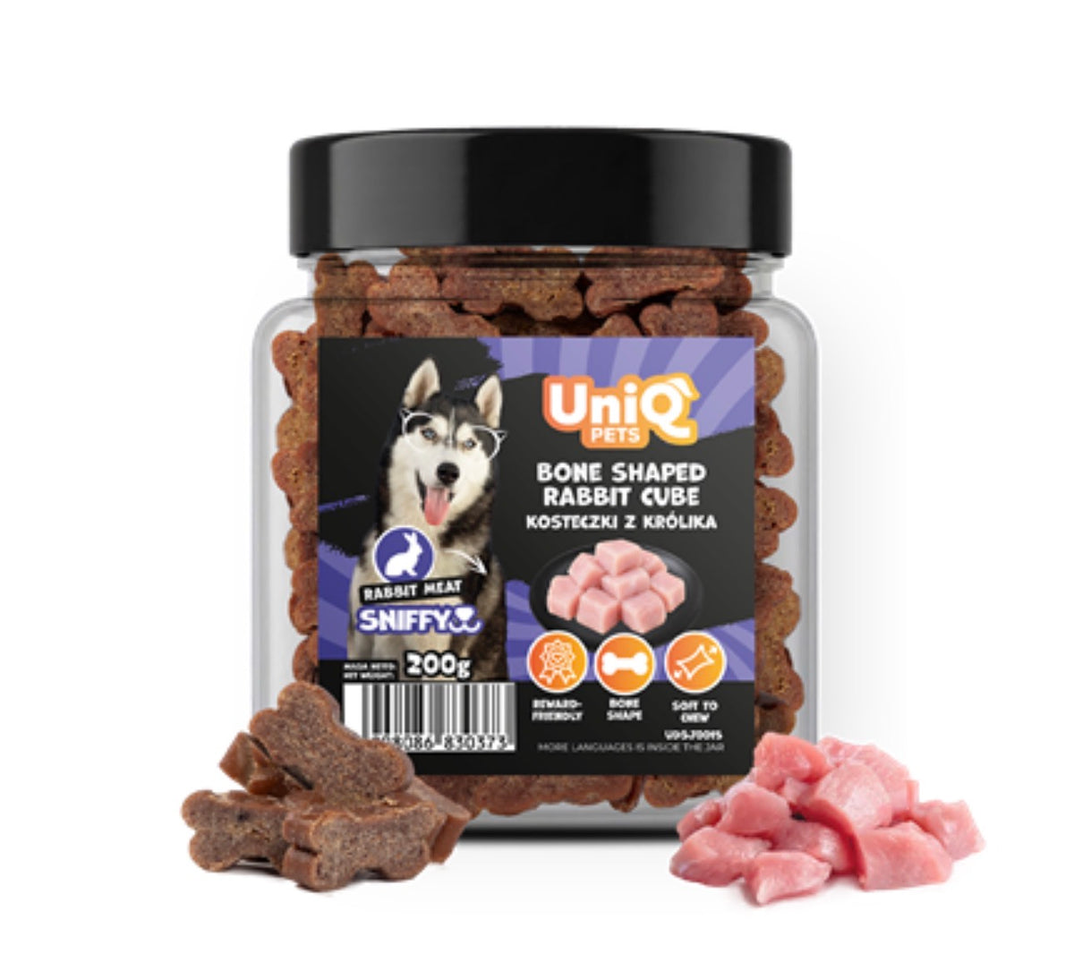 UNIQ PETS „SNIFFY“ skanėstai šunims, 200 g indelis – triušienos kubeliai kaulo formos