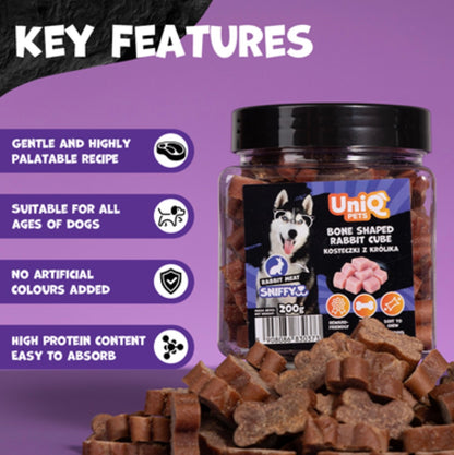UNIQ PETS „SNIFFY“ skanėstai šunims, 200 g indelis – triušienos kubeliai kaulo formos