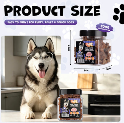 UNIQ PETS „SNIFFY“ skanėstai šunims, 200 g indelis – triušienos kubeliai kaulo formos