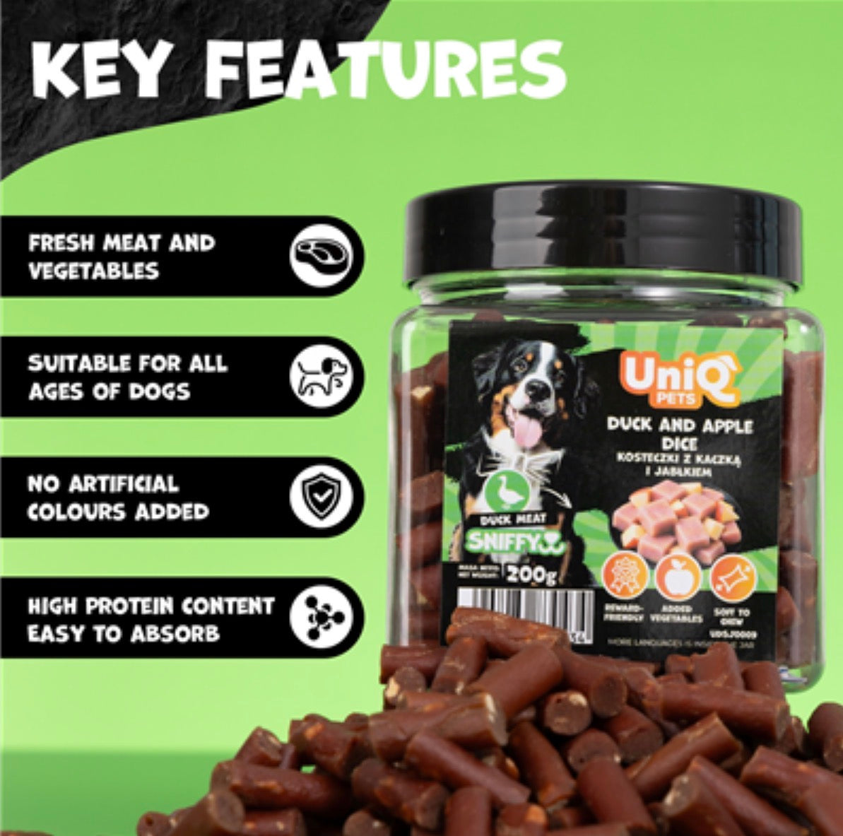 UNIQ PETS SNIFFY skanėstai šunims antiena ir obuoliai (kubeliai)