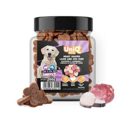 „UNIQ PETS“ skanėstai šunims „SNIFFY“ (širdelės formos ėrienos ir menkės kubeliai)